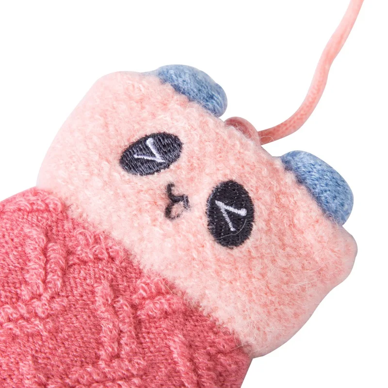 Kids Knitting Fleece Thicken Glove Cute Panda Pattern Solid Color Warm Full Finger Mittens With Neck String