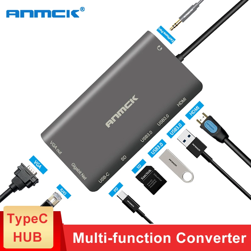 

Anmck USB HUB USB C to HDMI VGA RJ45 PD Thunderbolt 3 Adapter for MacBook Samsung Galaxy S9 Huawei P20 Pro Type-C USB 3.0 HUB