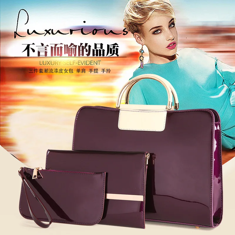 

2018 New Style WOMEN'S Bag Western Style Patent Leather Different Size Bags Three-piece Set Women's Hand Shoulder Bag Dual