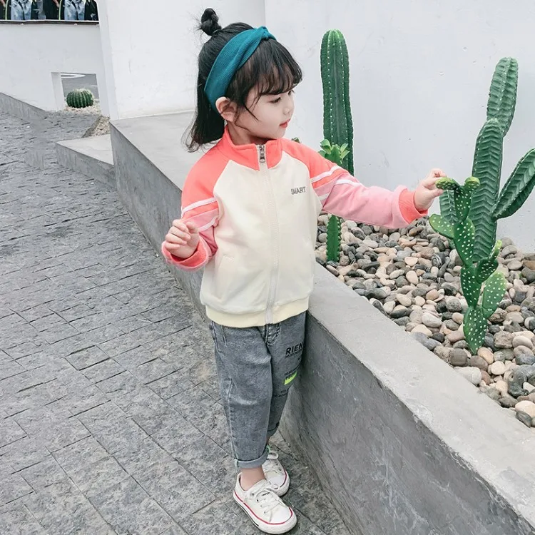 

Contrast Color Brace Casual Coat Girls 2020 Spring And Autumn New Style Zipper Cardigan Tops Cartoon Jacket