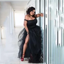 Сексуальное черное платье размера плюс для выпускного вечера с разрезом по бокам из тюля с открытыми плечами Элегантное Вечернее Платье женское официальное Африканское вечернее платье