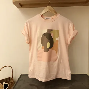 

Abstract Character Pink White T Shirt Short Sleeve Summer Face Printed Loose Tee Shirt Tops
