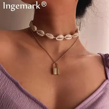 

Boho Conch Shell Seashell Chain Necklace Beach Multi Layer Gold Color Lock Padlock Pendant Choker Necklace Charm Women Jewelry