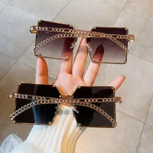 

2021 New Fashion Oversize Gradient Sunglasses For Women Vintage Alloy Chain Frame Rivet Square Sun Glasses Unisex Elegant Shades