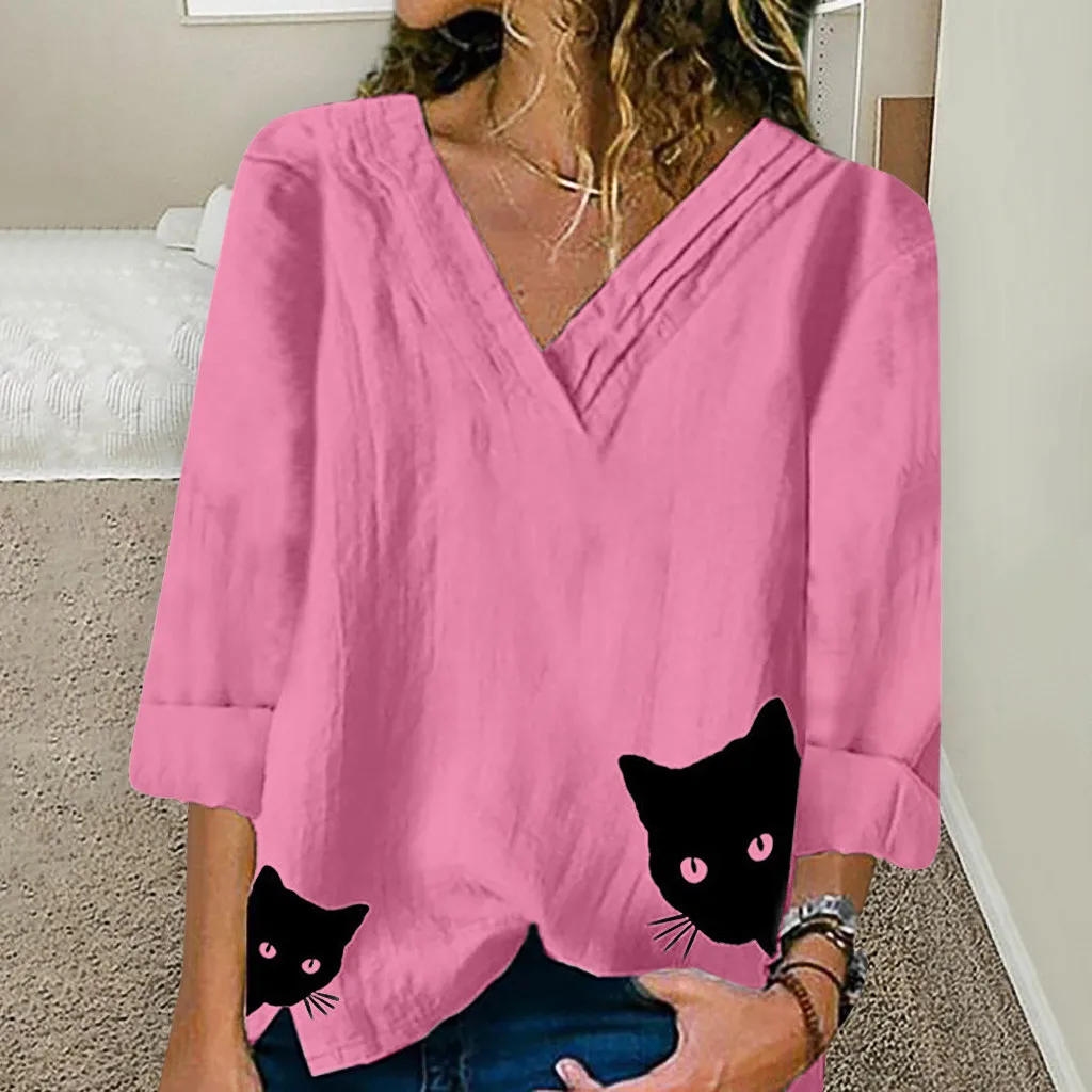 

women sping autumn shirt long sleeve Women's Cotton And Linen solid color V-Neck Long Sleeves Tops#4