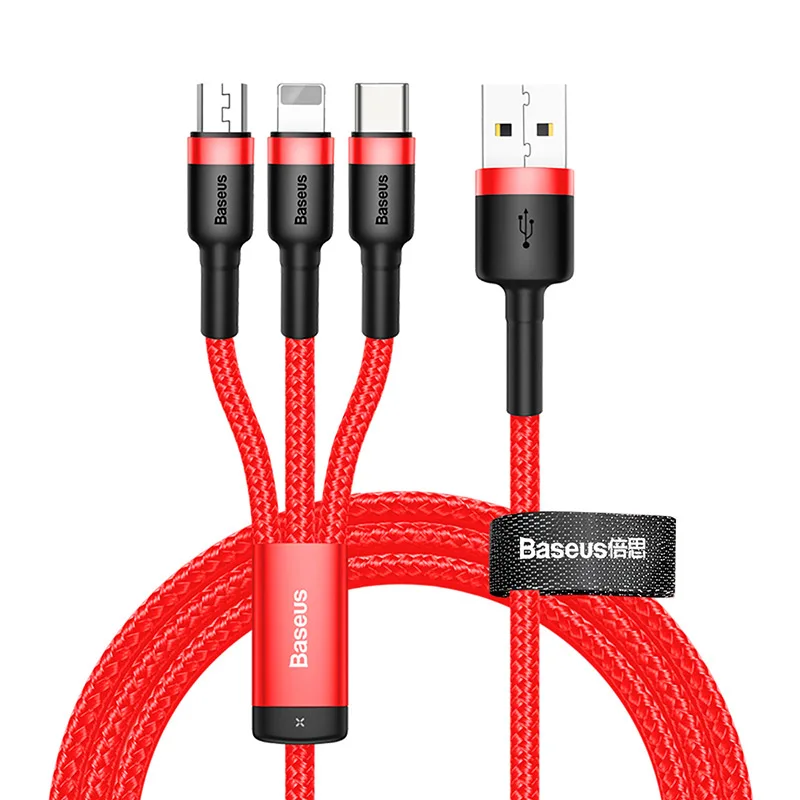 Baseus 3 в 1 USB кабель для iPhone Xr 8 11 Pro быстрое зарядное устройство usb type кабель C кабель micro-USB кабель для зарядки телефона huawei зарядное устройство USB Type C быстрая зарядка - Цвет: 3in1 USB Cable Red