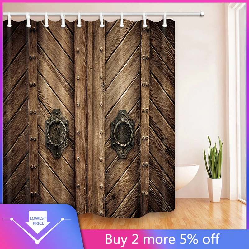 Самые низкие цены Прямая доставка полиэстер ткань для занавесок для душа Шторки для дома, ванной с деревенский дом деревянные двери Стиль 3D