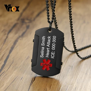 

Vnox Free Personalize Black Medical Alert ID Pendant for Men Stainless Steel Thick Dog Tough Man Tag Necklace