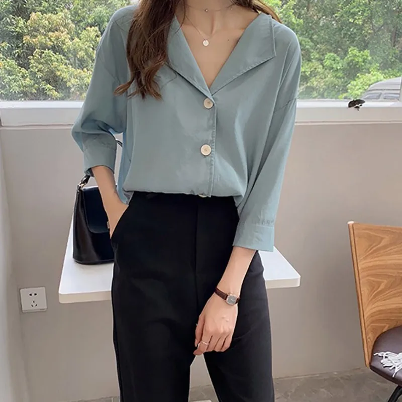 

Women Blouse Tops Solid V-Neck Three Quarter Sleeve Button Up Loose Chiffon Blouse Daily Basic Elegant Office Lady Top