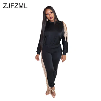 

Tassels Fall Winter 2 Piece Set Tracksuit Women Round Neck Cold Shoulder Crop Tshirt and Straight Pants Fitness Plus Size Set