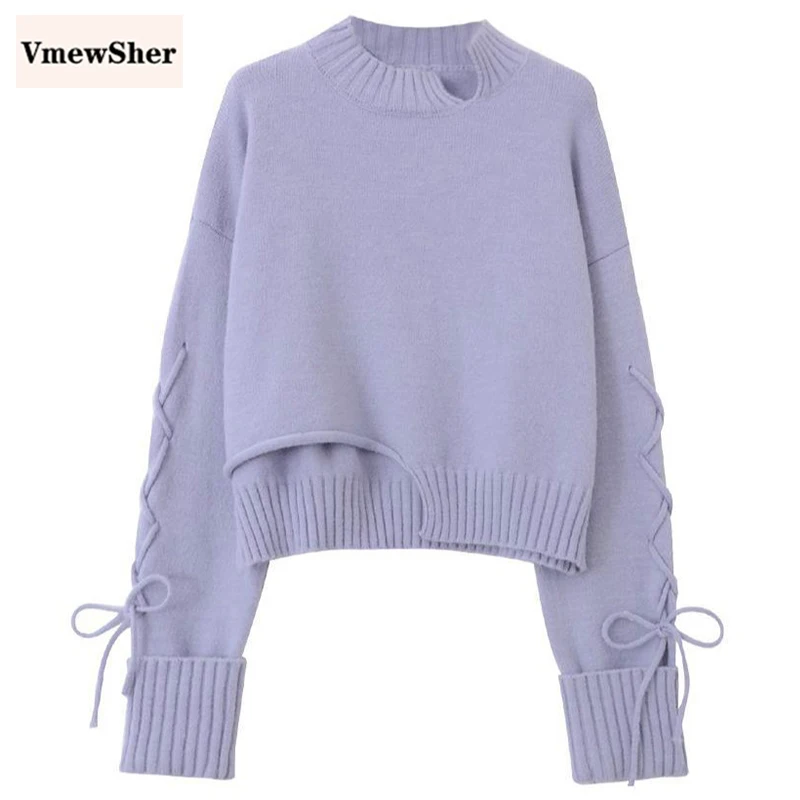 

VmewSher New Irregular Sweater Women Winter Warm Knitted Pullover Loose Lace Up Long Sleeve O Neck Knitwear Elegant Jumper Top