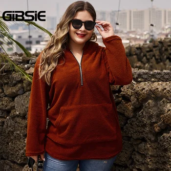 

GIBSIE Zip Front Pocket Women Hoodie Sweatshirt Plus Size Autumn Winter Long Sleeve Casual Female Teddy Pullover Sweatshirts