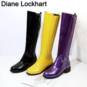 

Woman Punk Boots Square Heel Knee-High Classic Square Toe Boot PU Leather Zip Bota Ladies Party Dress Dance Shoes yellow purple