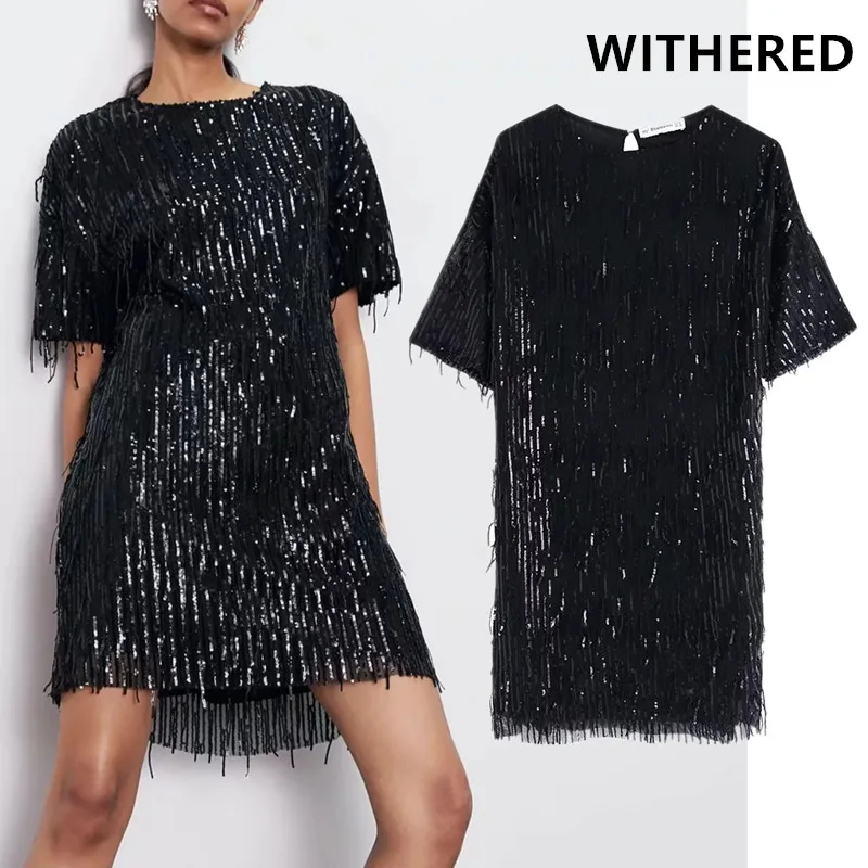 Withered england style vintage loose sexy mini sequins tassels Christmas party dress women vestidos de fiesta de noche vestidos