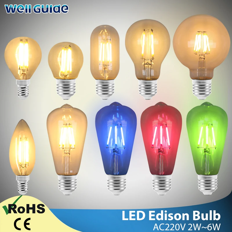 

Retro Edison Light led Bulb E27 E14 220V 4W 6W ST64 G80 G95 T45 A60 color Filament Incandescent Ampoule Bulb Vintage Edison Lamp