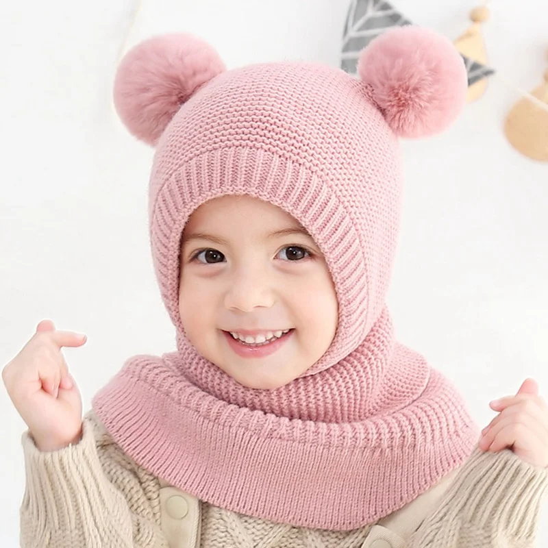 Зимняя шапка для детей 2-6 лет, шапочки для мальчиков, шапочка с двумя помпонами, детские вязаные шерстяные теплые шапки, защищающие шею лица, шапки-ушанки для девочек - Цвет: PK