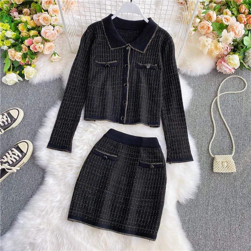 

New Knitted Two Piece Set Women 2 Piece Set Sweater Suit Vintage Crop Top Long Sleeve Cardigan Coat + Female Mini Skirt Set