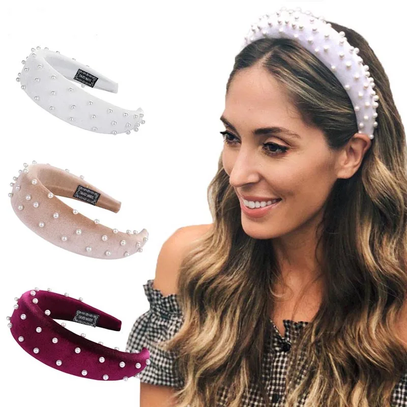 

2019 Women Wide Sponge pearl Headband Glitter Velvet Sweet Candy Color Hair Hoop Vintage Party Stretchy Thick Headband