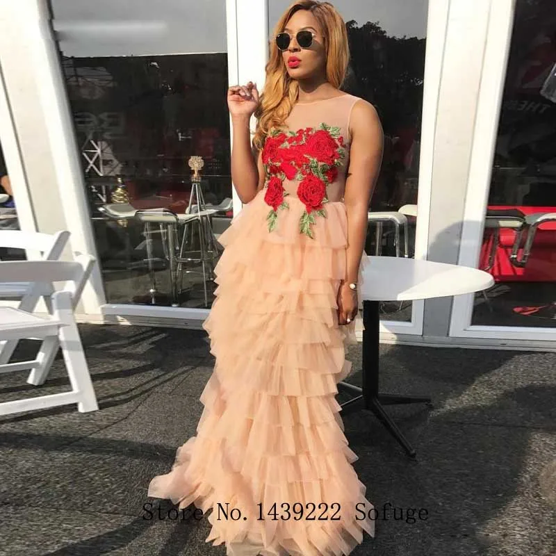 Чемпион Тюль Цветы вечерние платья Пром Многоуровневая аппликация Vestidos De Fiesta Robe De Soiree размера плюс