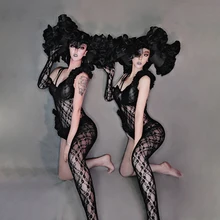 Черный кружевной комбинезон, сексуальный костюм Дэна, большая шляпа для Рейв, одежда для карнавала, Roupa Feminina, новое платье для ночного клуба, наряд для сцены, Beyonce