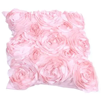 

16inch Satin Rose Flower Waist Throw Pillow Case Cushion Cover Sofa Home Decoration, Pink