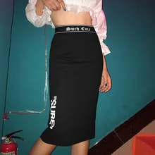 Готическая Черная Женская юбка с высокой талией и буквенным принтом, Облегающая Юбка До Колена, Весенняя Готическая Женская темная облегающая юбка с эффектом пуш-ап для вечеринок