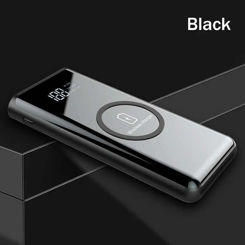 Black YKZ, беспроводное зарядное устройство, внешний аккумулятор, 10000 мА/ч, светодиодный дисплей, портативный внешний аккумулятор, светодиодный фонарик, внешняя батарея для iPhone, samsung - Цвет: Black
