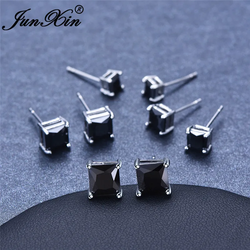 Vintage Mens Black Stone Square Earrings Simple Stacking Differ Sizes Zircon Crystal Wedding Stud Earrings For Men Women