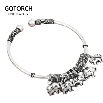

Real Solid 925 Sterling Silver Jewelry With Elephant Charms Vintage Retro Bangkok Handmade Bangle Bracelet Opening Adjustable