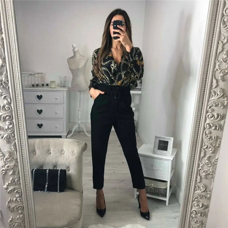 Vintage Fashion Womens Rompers Jumpsuit Long Sleeve Chain Print V-neck Shirt Ladies Clubwear Party Sexy Satin Bodysuits Tops