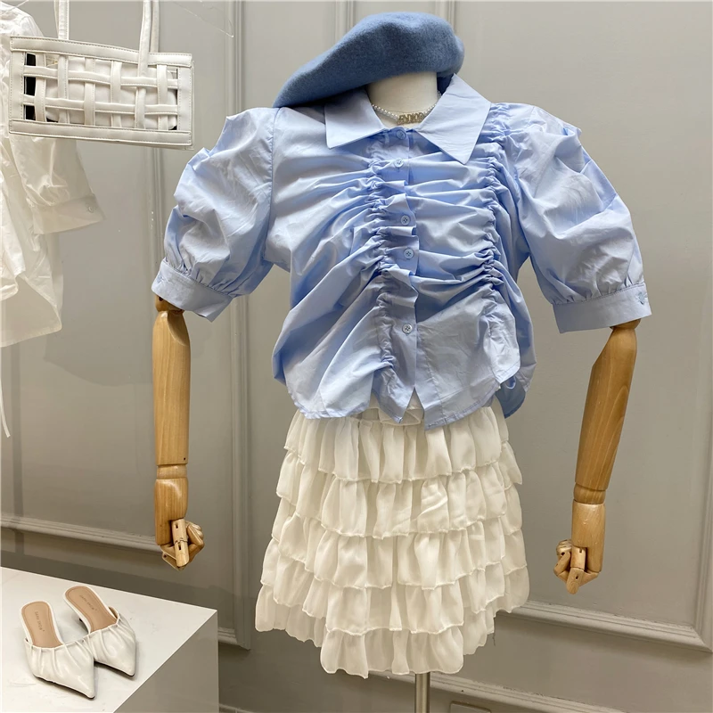 

French Style Pleated Drawstring Lace-up Shirt Women Summer Top 2020 New Lapel Puff Sleeve Short Shirt Ladies Blouses Blusa Tops