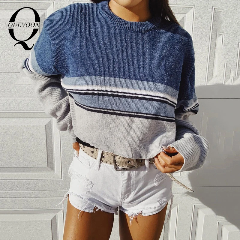 

QUEVOON New Styles Striped Pullover Sweater Autumn Spring Women Patchwork Knitting Standard Sweaters Fashion Clothes Top 2020