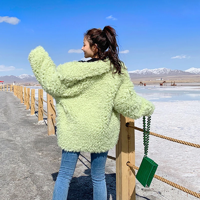 Korean Chic Women Sweet Green Faux Fur Coat Street Fashion Girls Winter Thicken Warm Fur Jacket Oversized Loose Fluffy Outerwear