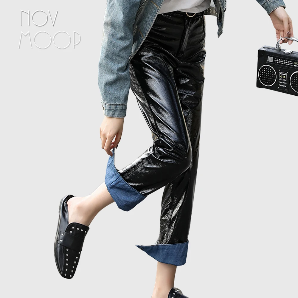 

Novmoop preppy style high waist glossy sheepskin genuine leather pants women patchwork trousers calça feminina pantalon LT2863