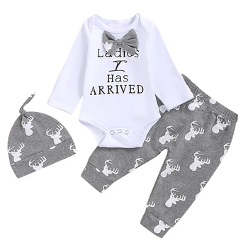 

Baby Boys 3 Pcs Set Christmas Long Sleeve Romper And Elk Print Pant With Hat Casual Newborn Clothes Autumn infantil Outfits
