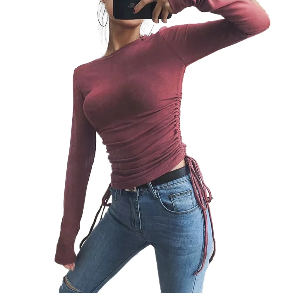 

BB Women's Fall Shirt Long-Sleeved Top Wrapped Elastic Casual Party Round Neck Pleated Lace-up Clothes