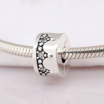 

100% 925 Sterling Silver Charm Round Elegant Crown Clip Fit Pandora Women Bracelet & Necklace Diy Jewelry