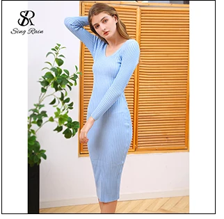 SINGRAIN Women Autumn Knitted Dress V Neck Sexy Slim Elastic Oversized Basic Bodycon Long Dress Winter knit Warm Sweater Dresses mother of the bride dresses