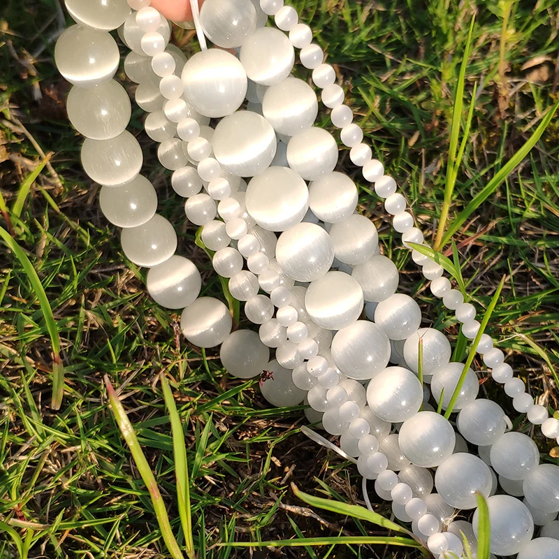 Natural Stone Beads Natural Moon Stone Beads White Cat Eye Round Loose Beads 4/6/8/10/12mm Jewelry Making DIY Bracelet 15" Strand
