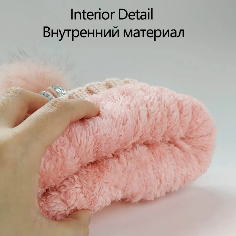 Высококачественные вязаные повседневные шапочки Skullies, кашемировые зимние шапки для женщин и девочек, одноцветные осенние плотные шапки с искусственным мехом и помпоном