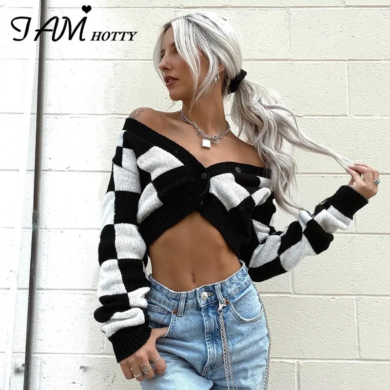 

Checkboard Plaid Knitted Cropped Cardigan Women Vintage Elegant Button-down Jumper Girls Y2K Korean Style Sweater 2020 Iamhotty