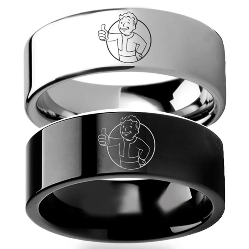 

Fallout 4 Vault Boy Vault-Tec Mascot Ring Men 6mm Titanium Stainless Steel Black Lovers Ring Men Fallout Fans Gift Rings Women