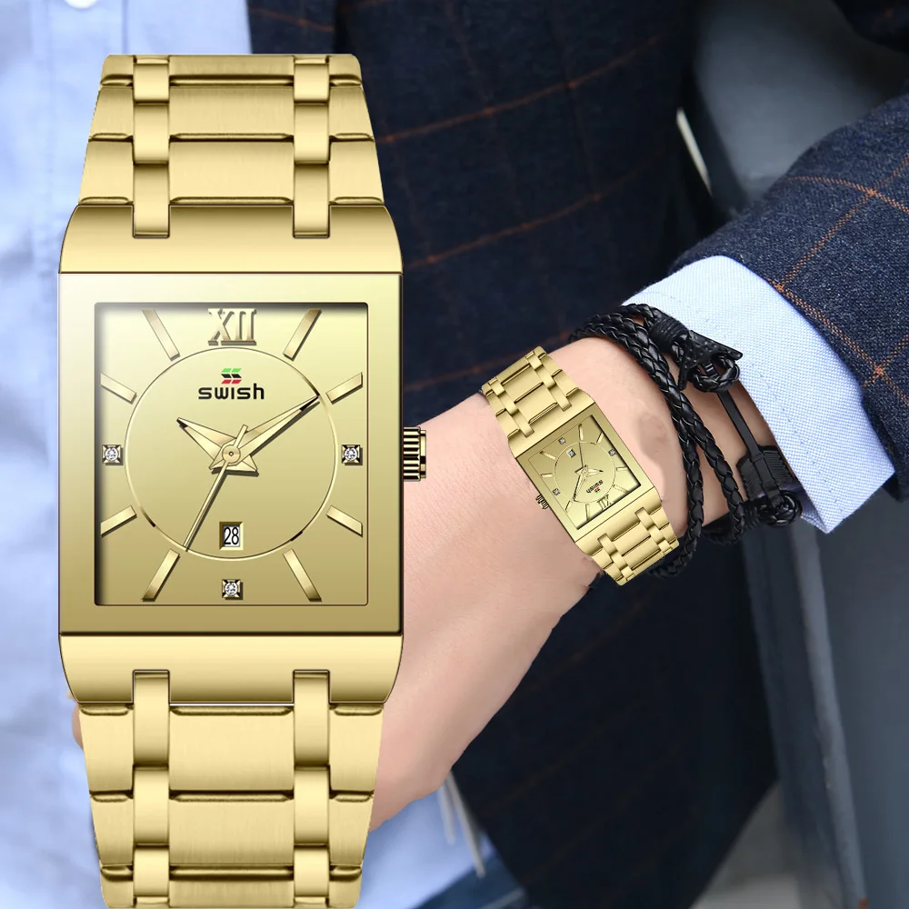 

SWISH Gold Men Rectangle Watch 2020 Luxury Waterproof Sports Quartz Wristwatch Stainless Steel Business Watches Relogio Masculio