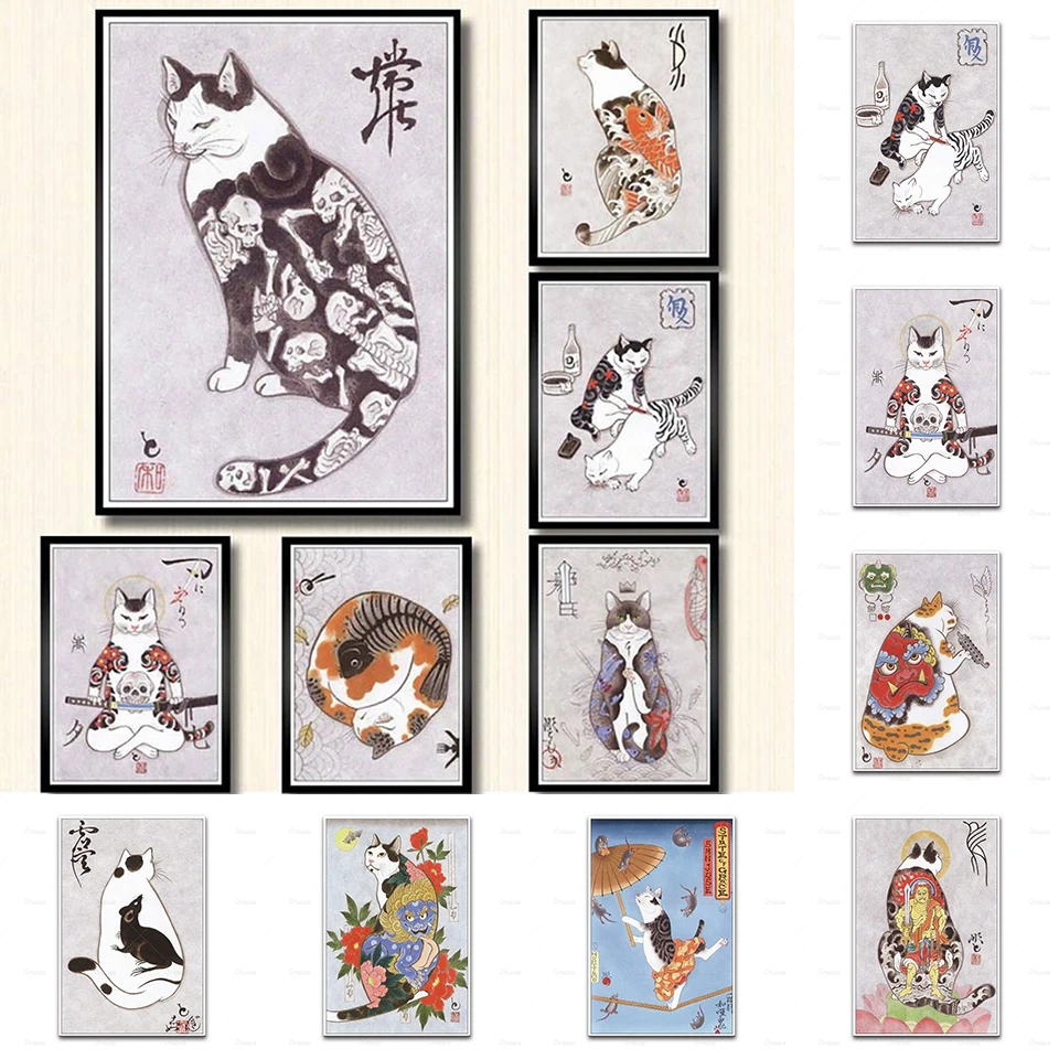 

Modular Pictures Home Decor Canvas Painting Japanese Samurai Cat Tattoo Cat Wall Art Nordic Style Printed Poster For Living Room