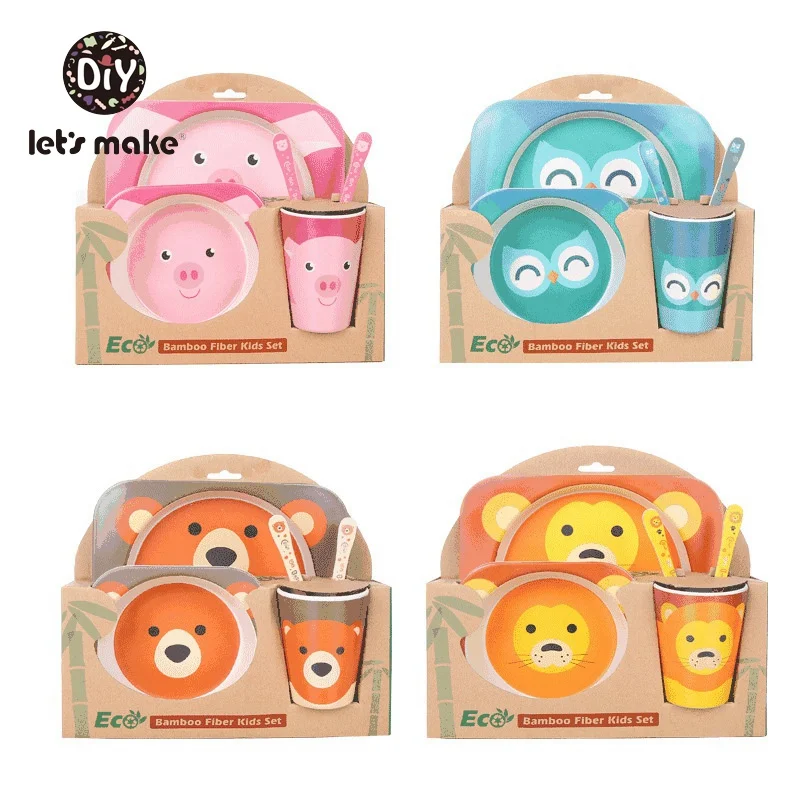 Let's Make Latex Free Children Tableware Cartoon Animal Baby Food Plate Lion Pig Bamboo Tableware For Kid Baby Feeding Bowl Set