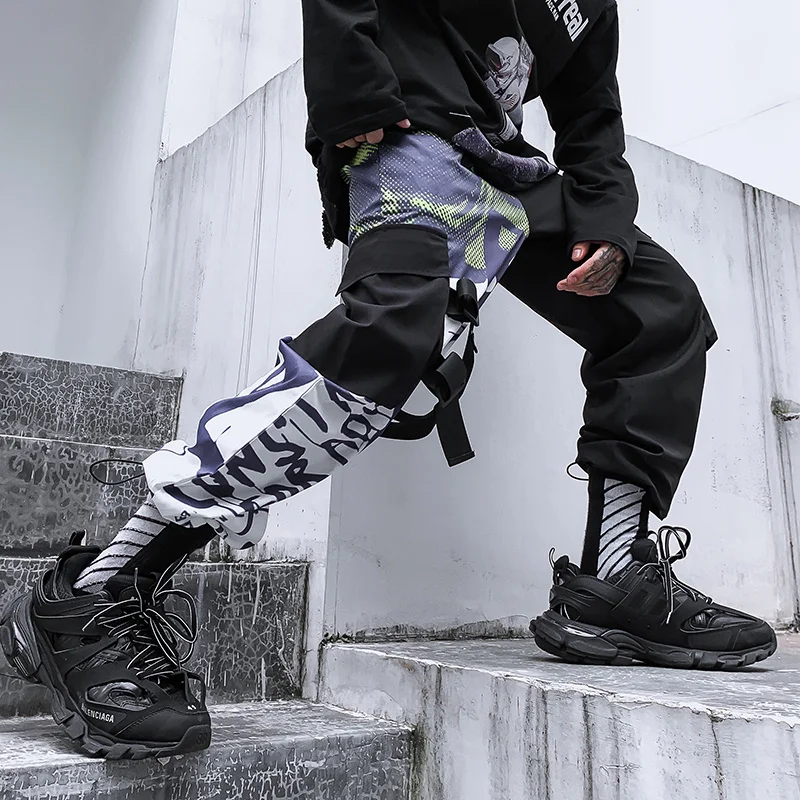 

Buckle Strap Pants Hip Hop Splice 2019 New Men