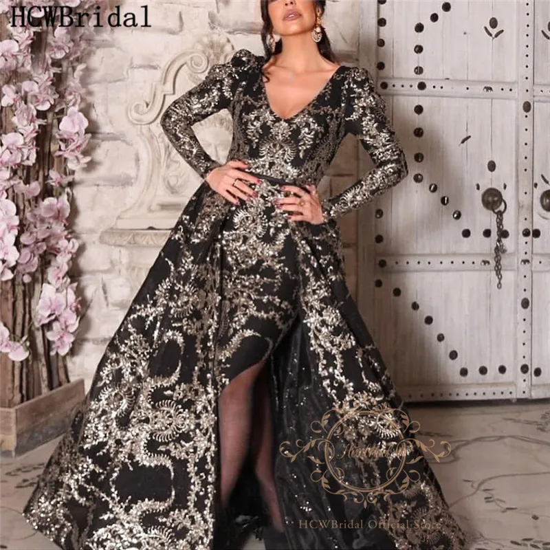 Robe De Soiree, Черное вечернее платье с длинными рукавами, Дубай,, новейшее блестящее Золотое кружевное платье русалки, платья для выпускного вечера, со съемным шлейфом