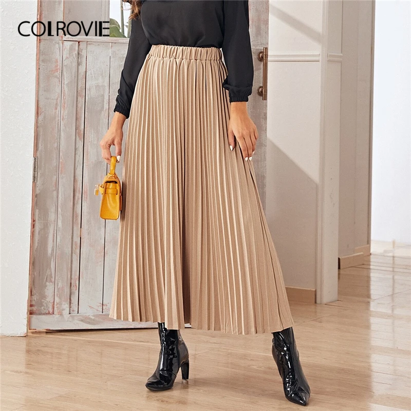 COLROVIE, однотонная, плиссированная, эластичная талия, длинная юбка для женщин, осень, женская, миди юбка цвета хаки, высокая талия, элегантные юбки