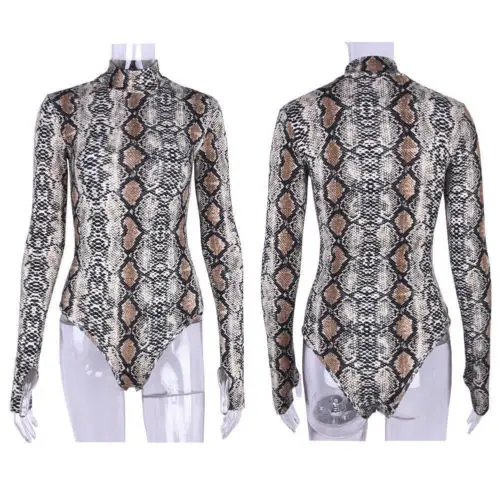 New Arrival Women's Sexy Snake Skin Grain Long Sleeve High Neck Bodycon Bodysuits Fashion Sexy Jumpsuit Rompers bodysuits Bodysuits