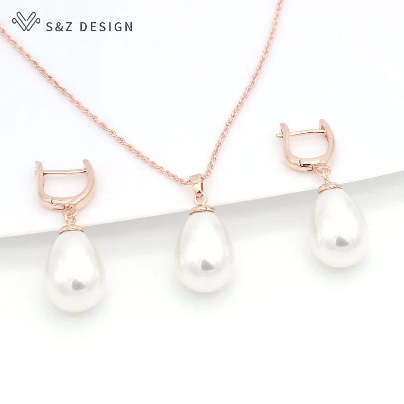 S&Z DESIGN New Fashion Imitation Pearls Water Drop Earrings 585 Rose Gold Color Jewelry Sets For Women Wedding Party Jewelry